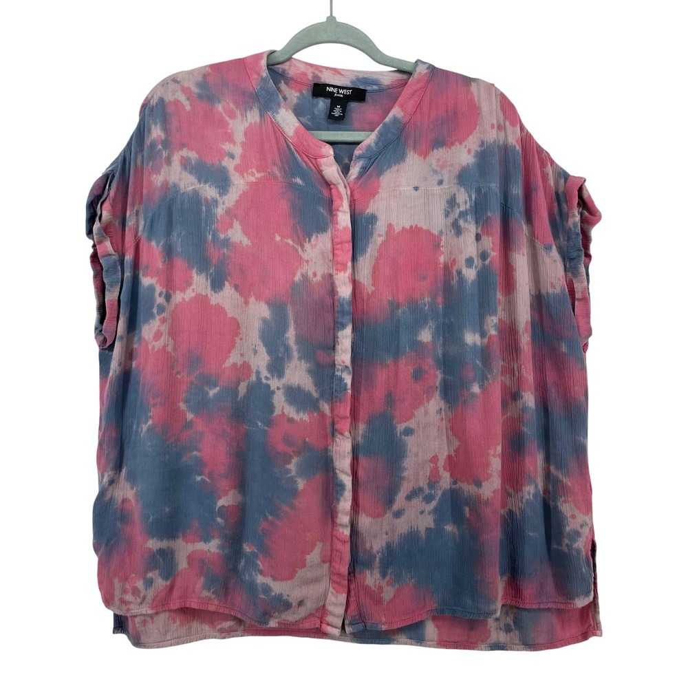 Nine West Size Medium Tie Dye Button Up Blouse Pink Blue Short Sleeve Viscose